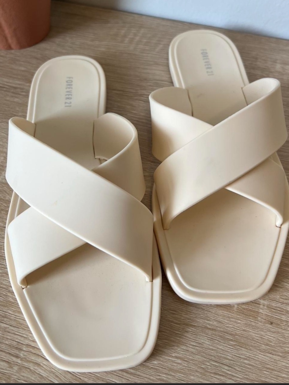 Forever 21 Cream Crisscross Slide Sandals for Women